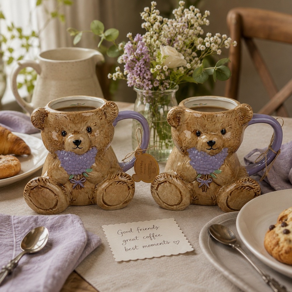 Best Friends Collection Teddy Bear Figural Pair of Mugs Brown Ceramic Flowers